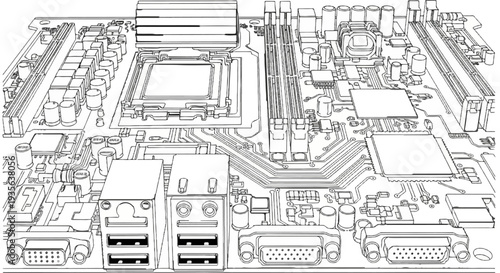 Intricate line art drawing of a complex electronic computer motherboard