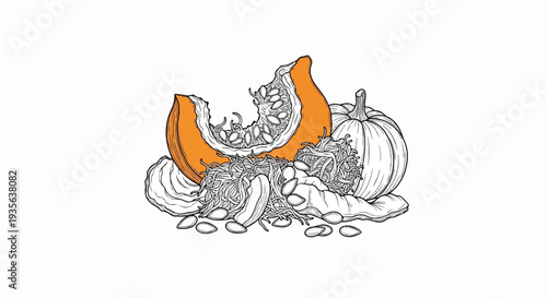 A detailed illustration of a pumpkin slice with seeds and a whole pumpkin