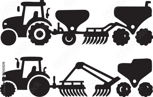 Farm Tractor with Planter and Harrow Silhouettes Set - Agriculture Machinery Attachments Seed Drill Loader Vector Icons Isolated on White
