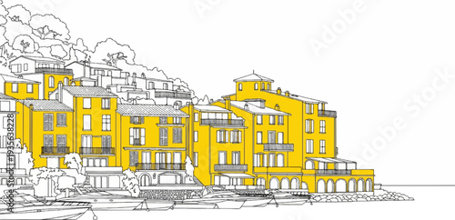 Artistic sketch of bright yellow buildings and boats by a harbor, with trees behind
