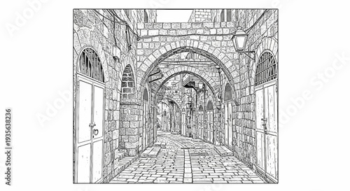 Old stone alley with arches and gates, a sketch of historic architecture