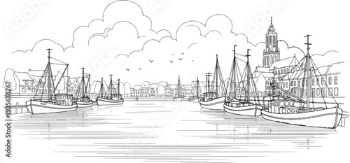 Black and white sketch of fishing boats moored in a canal with buildings and a church