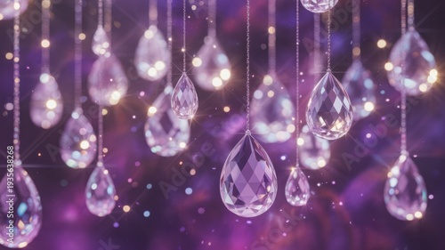 Sparkling crystal teardrops hang gracefully against a soft enchanting purple background.