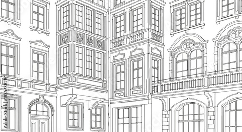 Ornate architectural details of European buildings with detailed windows and balconies