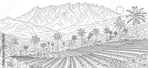 Lush terraced fields with palm trees and majestic mountains under a circular sun