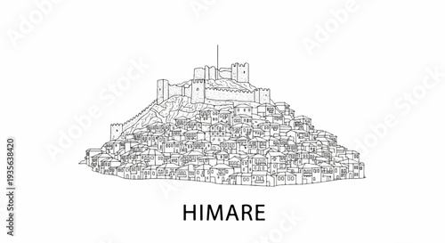 Stylized sketch of a historic fortified town on a hill