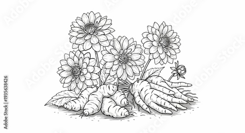 Black and white illustration of dahlias and harvested root vegetables
