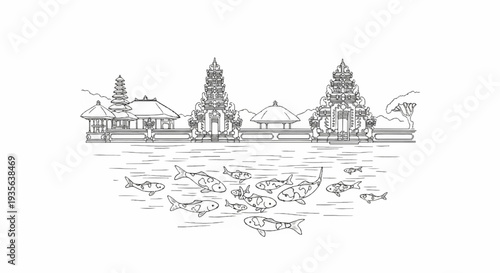 Ornate eastern temples overlook a school of patterned fish in serene waters