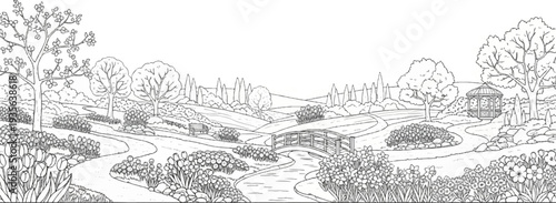 Scenic garden with winding paths, a bridge, a gazebo, and blooming flowers