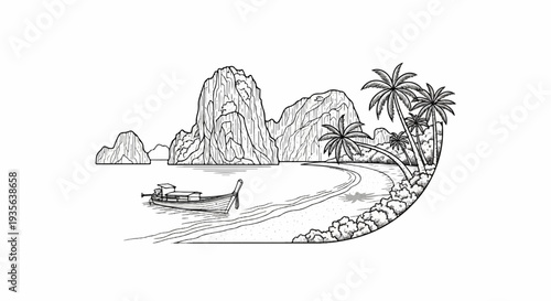 Tropical island scene with limestone karsts, palm trees, a boat, and a beach