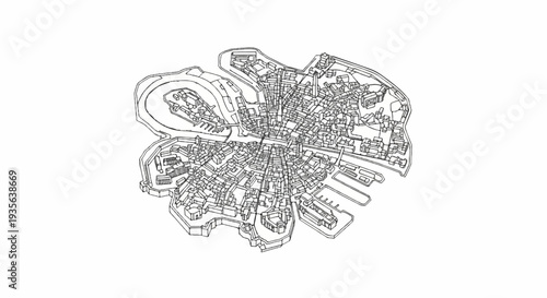 Detailed architectural line drawing of a historical city with canals and buildings