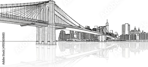 Sketchy iconic suspension bridge reflecting in calm water with cityscape