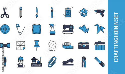 Crafting tools and DIY equipment flat icon set with scissors needle thread sewing machine glue gun handmade craft symbols vector isolated on white background