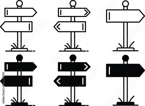 Set of black and white signpost icons with arrows pointing different directions