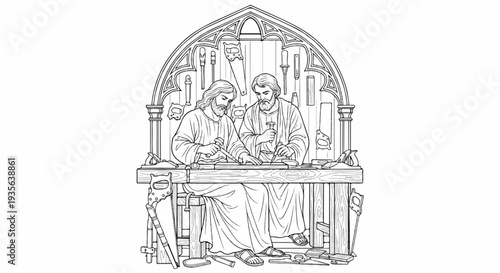 Two men working on wood at a workbench under an arched frame