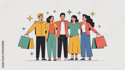 Diverse group of friends shopping together with colorful bags and starry background conveying happiness and friendship