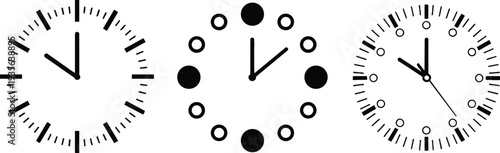 Set of three minimalist black wall clock icons featuring modern line art and circle dial designs for creative time management scheduling and contemporary graphic interface elements