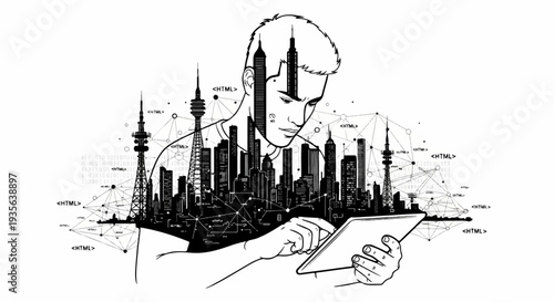 Young man engrossed in tablet with cityscape and digital network overlay