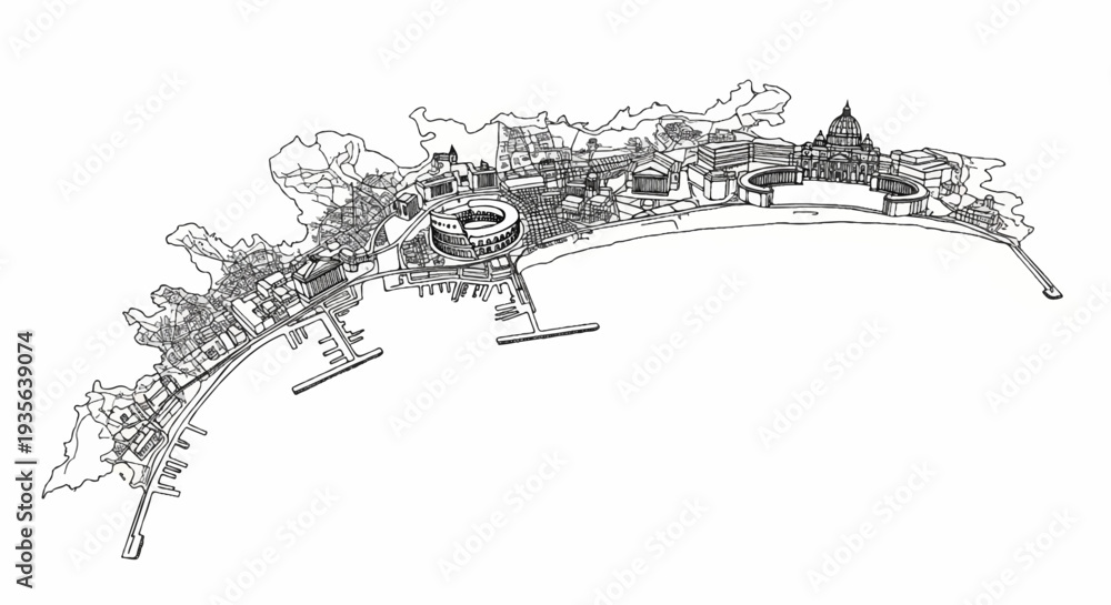 Obraz premium Detailed line drawing of a historic coastal city with a prominent amphitheater and dome