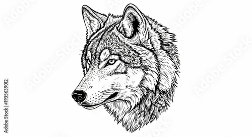 Detailed sketch of a wolf's head in profile, black and white