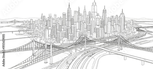 Wireframe perspective of a bustling city skyline with bridges and highways