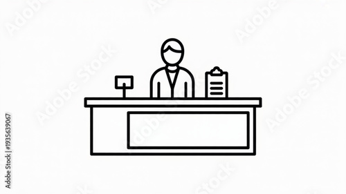 Person wearing mask behind counter with terminal and papers in modern office setting for business operations