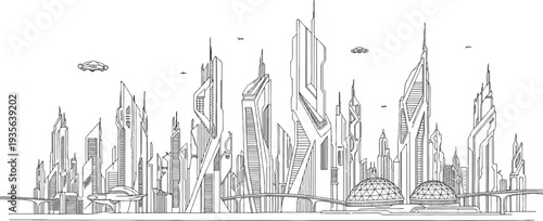 A futuristic cityscape with soaring, angular buildings and aerial vehicles