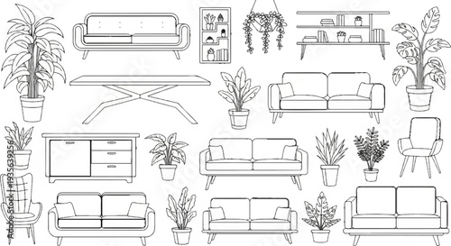 A collection of hand-drawn line art illustrations of indoor furniture and plants