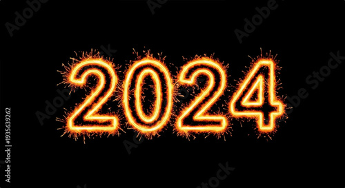 Glowing 2024 numbers with sparkler firework effect on black background