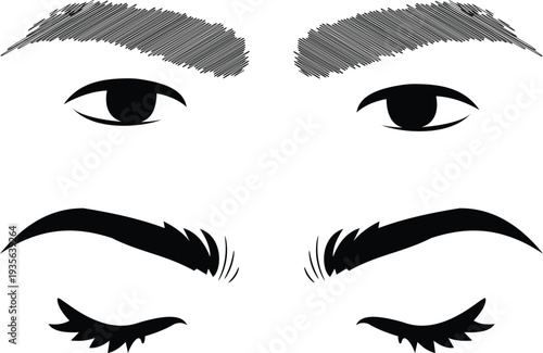 Stylized hand drawing of eyebrows and eyes with different expressions and lashes