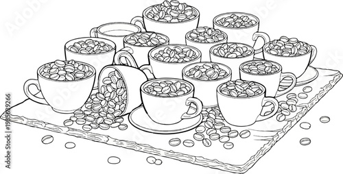 A collection of coffee cups and scattered beans on a textured wooden surface