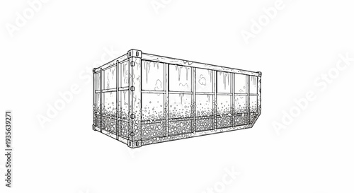 Textured metallic dumpster with grime and debris, sketch