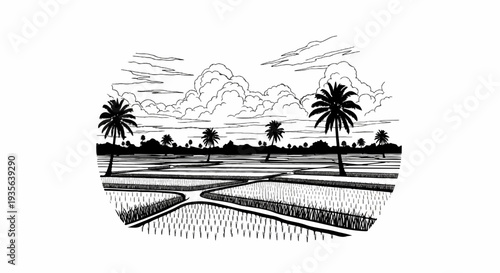 Stylized rural landscape with rice paddies and palm trees under a cloudy sky