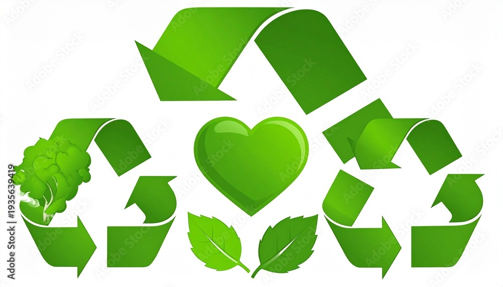 Obraz premium Eco Recycling Symbols with Heart and Leaves – Sustainability Visual for Editorial, Lifestyle, or Green Branding Themes