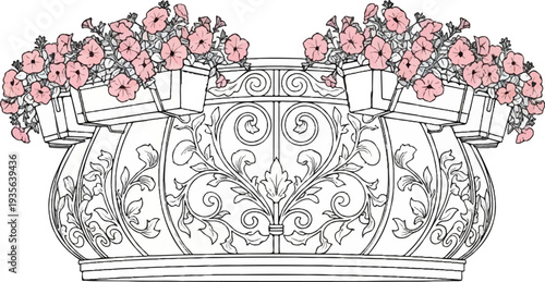 Elaborate balcony railing with ornate scrollwork and pink petunias