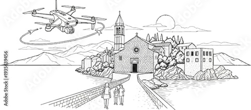 Drone flies over picturesque coastal town with church and mountains