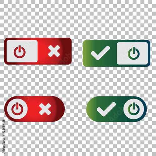 Set of vector illustration of toggle switches interface buttons showing on and off states in green and grey colors for app ui, settings control, user experience and digital interface design