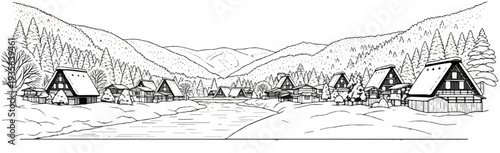 A charming village scene in winter with traditional houses and mountains