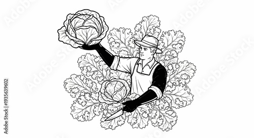 Farmer proudly displays fresh cabbage harvest surrounded by leafy greens