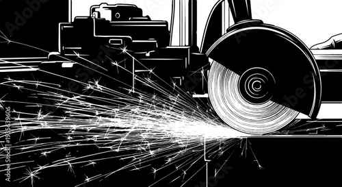 Grinding wheel sparks fly as metal is cut by industrial machinery