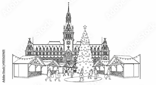 Festive market stalls with people in front of an ornate building and Christmas tree