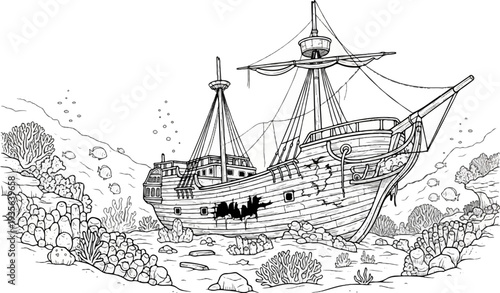 Old sunken sailing ship resting on the ocean floor, surrounded by coral