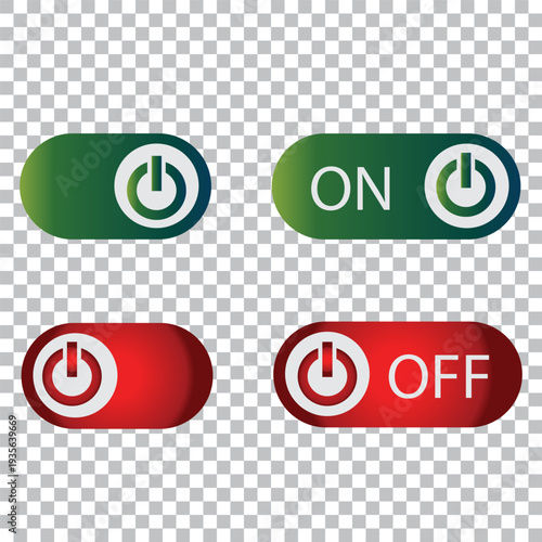 Set of vector illustration of toggle switches interface buttons showing on and off states in green and grey colors for app ui, settings control, user experience and digital interface design