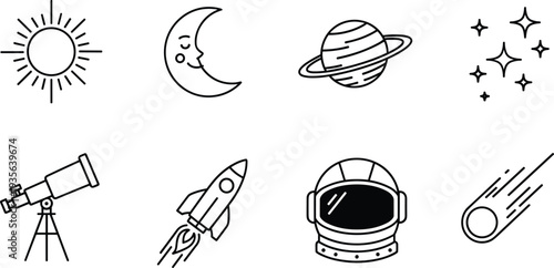 Minimal space and astronomy outline icons with sun moon planet rocket telescope astronaut comet vector illustration isolated on white background