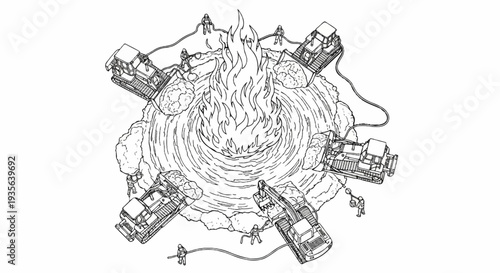 Heavy machinery and firefighters battle a large central blaze