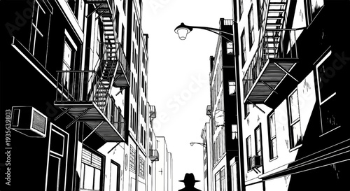 Lone figure in fedora walks down dark, narrow city alleyway