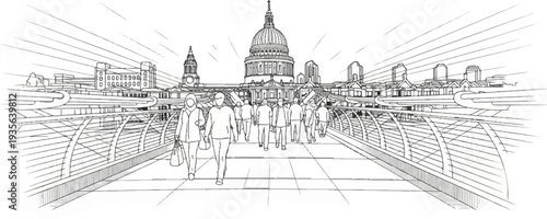 Pedestrians crossing a bridge towards a domed building with city skyline