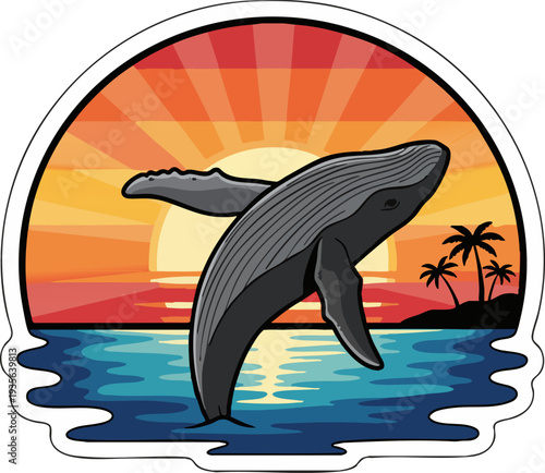 Whale Jumping Out of Water Against Tropical Sunset Illustration