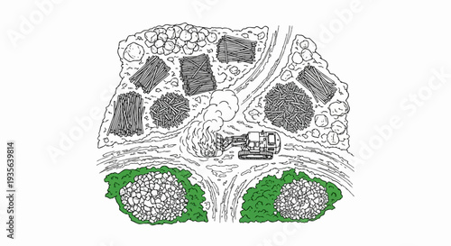 Overhead view of construction equipment clearing logs and debris