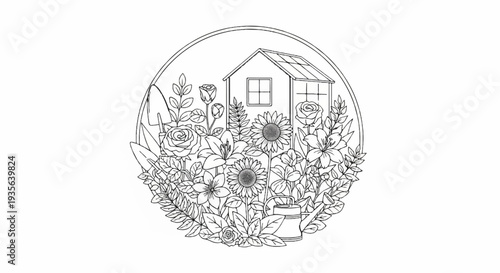 A charming line drawing depicts a small greenhouse nestled amidst a bountiful garden